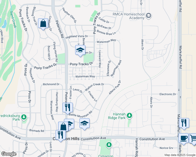 map of restaurants, bars, coffee shops, grocery stores, and more near 3035 Cascade Falls Point in Colorado Springs