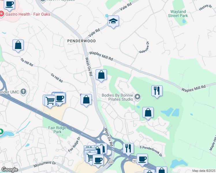 map of restaurants, bars, coffee shops, grocery stores, and more near 12100 Greenway Court in Fairfax