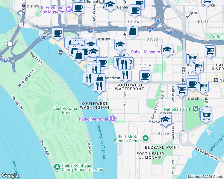 map of restaurants, bars, coffee shops, grocery stores, and more near 101 Independence Avenue Southeast in Washington