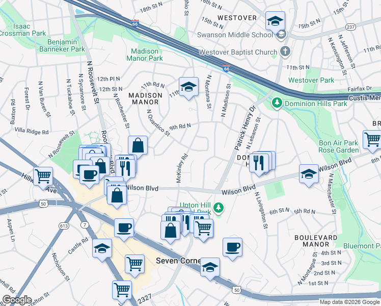 map of restaurants, bars, coffee shops, grocery stores, and more near 6098 9th Street North in Arlington