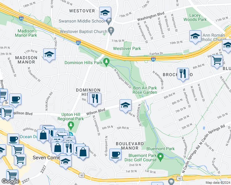 map of restaurants, bars, coffee shops, grocery stores, and more near 900 North Larrimore Street in Arlington