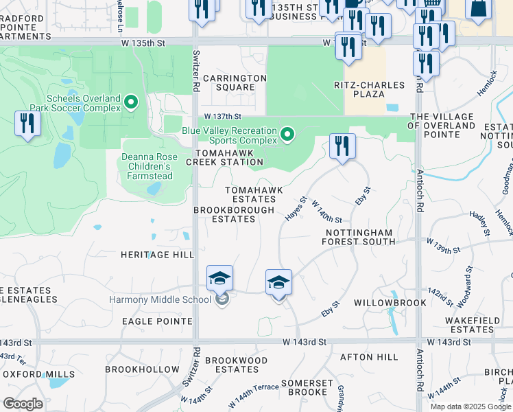 map of restaurants, bars, coffee shops, grocery stores, and more near 14018 Knox Street in Overland Park