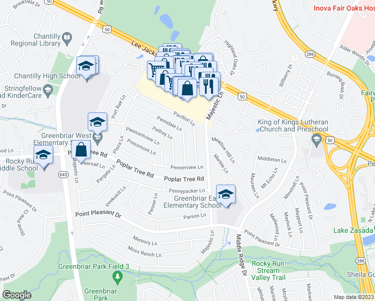 map of restaurants, bars, coffee shops, grocery stores, and more near 13108 Penndale Lane in Fairfax