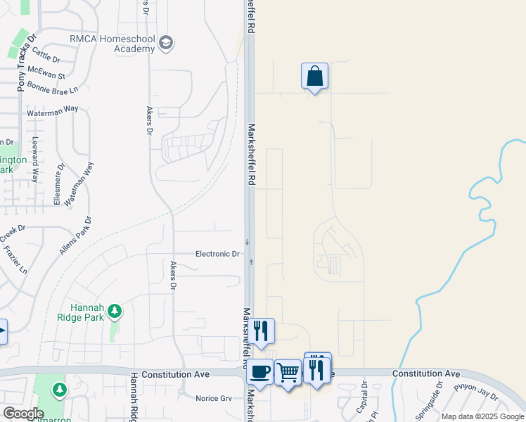 map of restaurants, bars, coffee shops, grocery stores, and more near 3034 Loot Drive in Colorado Springs