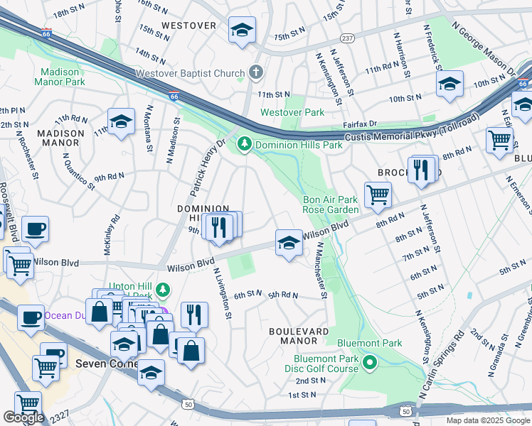 map of restaurants, bars, coffee shops, grocery stores, and more near 900 North Larrimore Street in Arlington