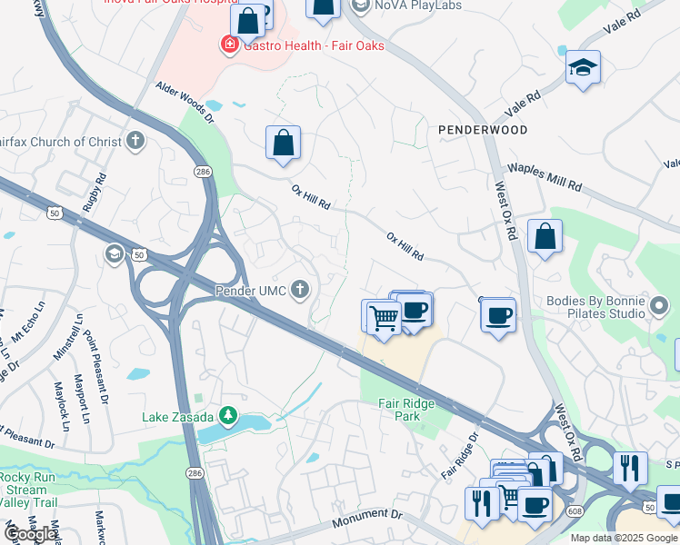 map of restaurants, bars, coffee shops, grocery stores, and more near 12512 Fanleaf Court in Fairfax