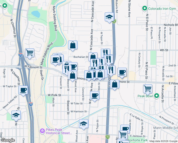 map of restaurants, bars, coffee shops, grocery stores, and more near 3000 North Cascade Avenue in Colorado Springs