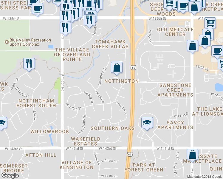 map of restaurants, bars, coffee shops, grocery stores, and more near 13837 Goodman Street in Overland Park