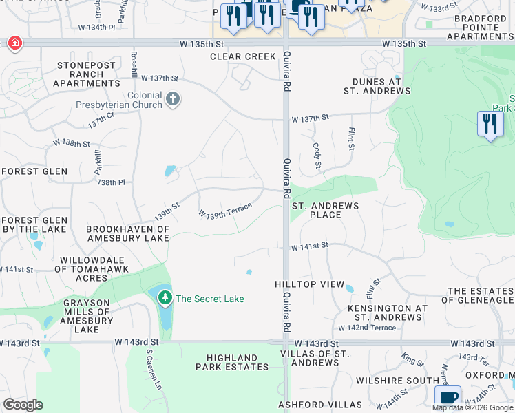map of restaurants, bars, coffee shops, grocery stores, and more near 11919 West 139th Terrace in Overland Park