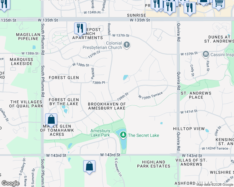 map of restaurants, bars, coffee shops, grocery stores, and more near 12611 West 138th Court in Overland Park