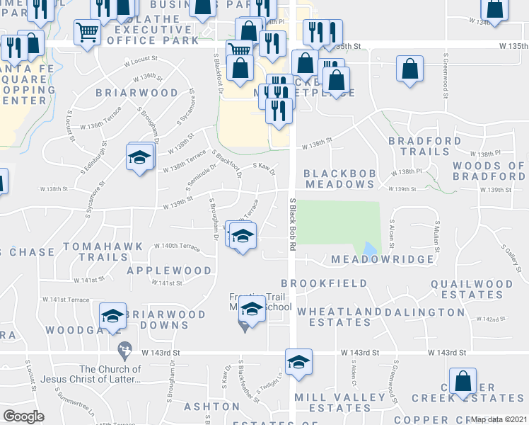 map of restaurants, bars, coffee shops, grocery stores, and more near 15140 West 139th Terrace in Olathe