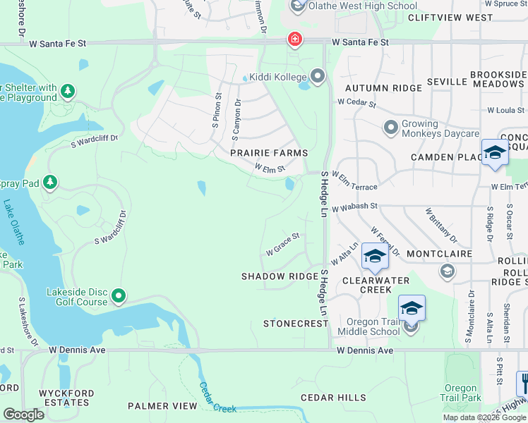 map of restaurants, bars, coffee shops, grocery stores, and more near 515 South Canyon Drive in Olathe
