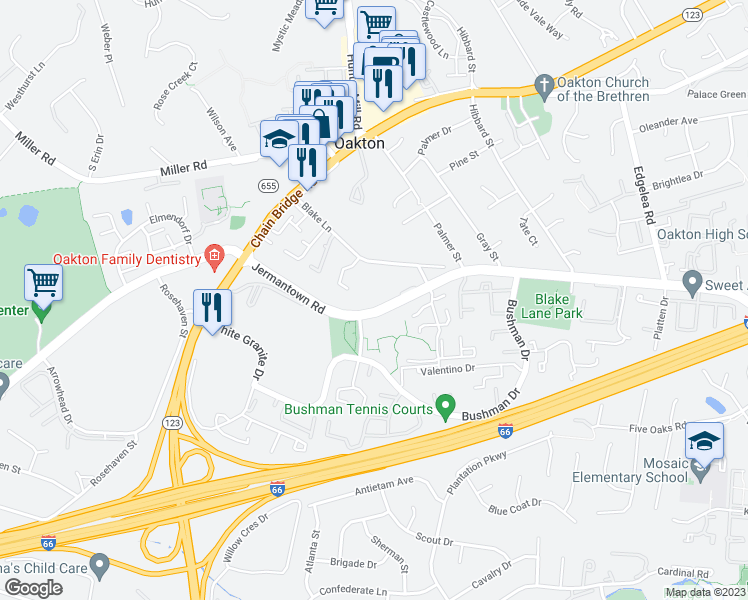 map of restaurants, bars, coffee shops, grocery stores, and more near 2989 Borge Street in Oakton