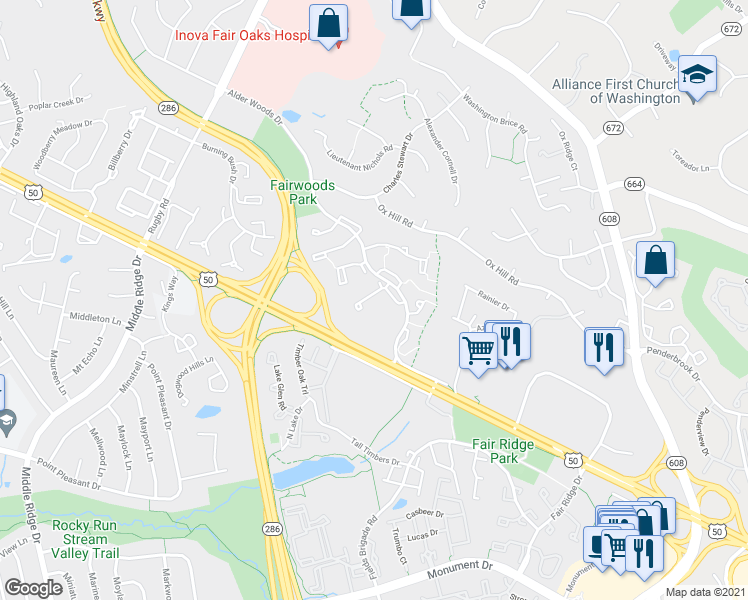 map of restaurants, bars, coffee shops, grocery stores, and more near 3937 Collis Oak Court in Fairfax