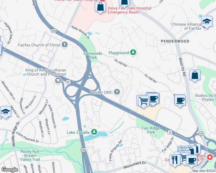 map of restaurants, bars, coffee shops, grocery stores, and more near 3950 Collis Oak Court in Fairfax