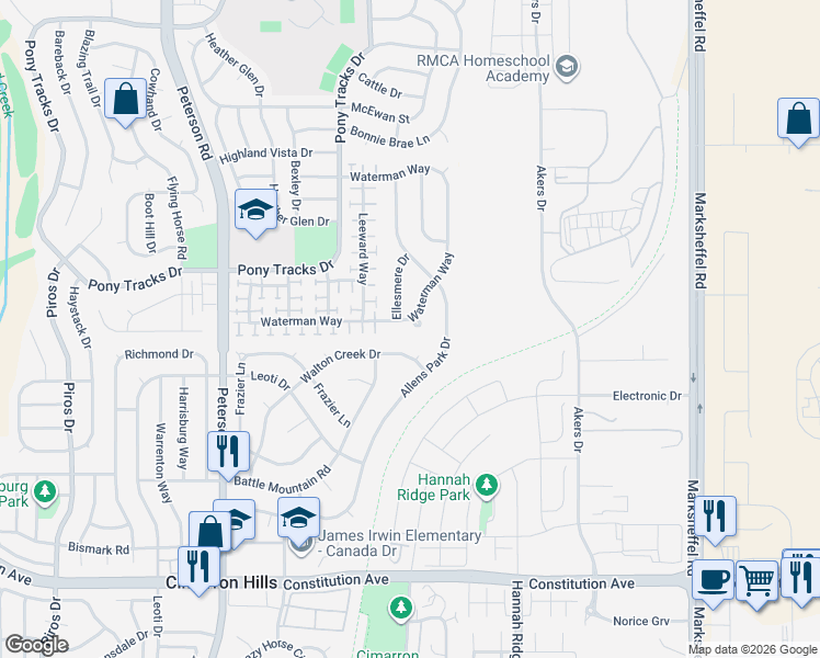 map of restaurants, bars, coffee shops, grocery stores, and more near 7233 Waterman Way in Colorado Springs