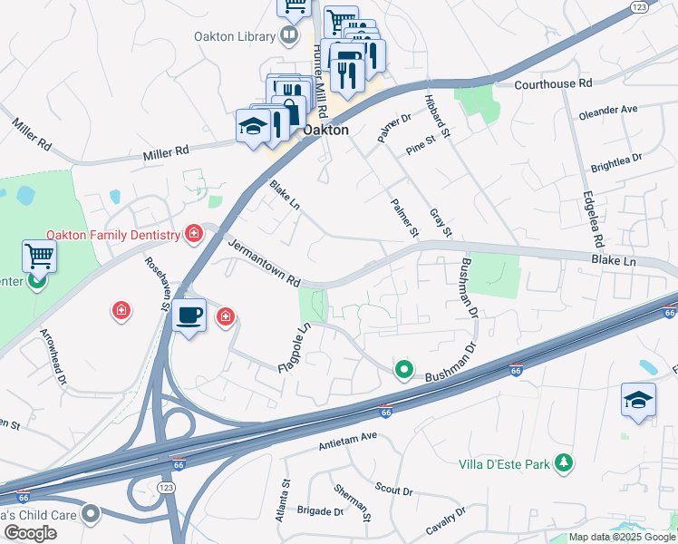 map of restaurants, bars, coffee shops, grocery stores, and more near 2989 Borge Street in Oakton