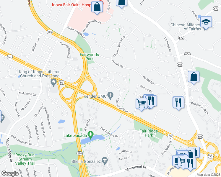 map of restaurants, bars, coffee shops, grocery stores, and more near 3937 Collis Oak Court in Fairfax