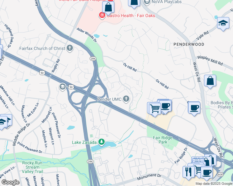 map of restaurants, bars, coffee shops, grocery stores, and more near 3950 Collis Oak Court in Fairfax