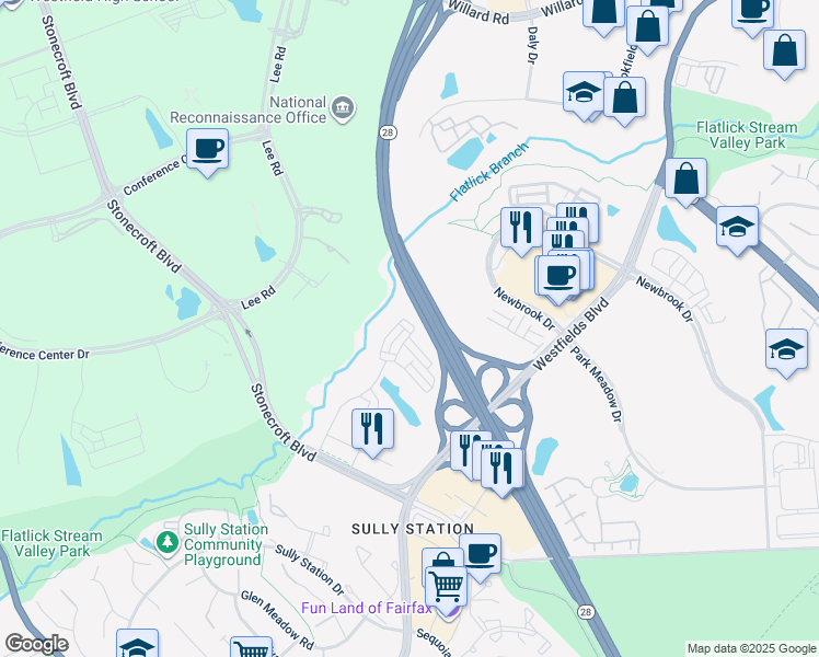 map of restaurants, bars, coffee shops, grocery stores, and more near 4810 Garden View Lane in Chantilly