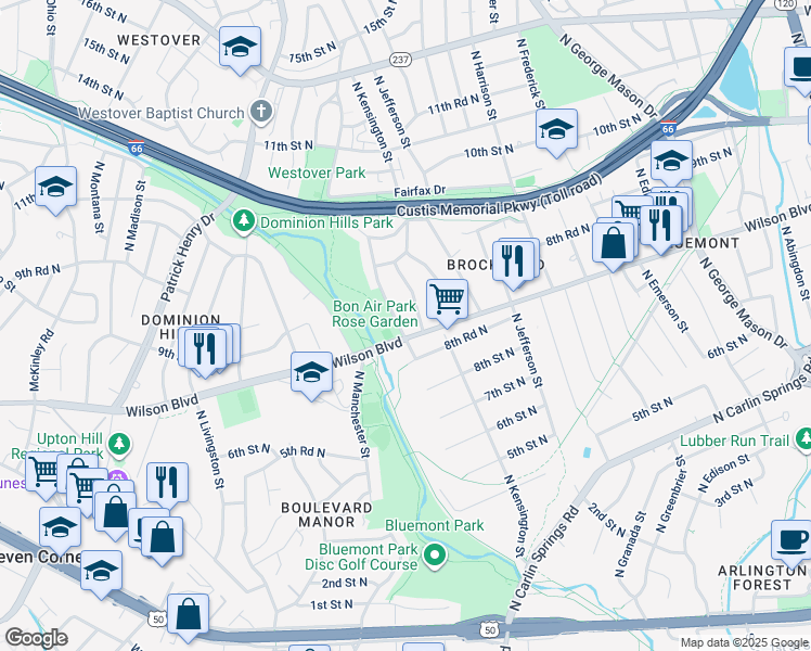 map of restaurants, bars, coffee shops, grocery stores, and more near 855 North Lexington Street in Arlington