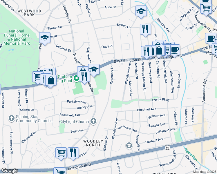 map of restaurants, bars, coffee shops, grocery stores, and more near 2838 Rosemary Lane in Falls Church