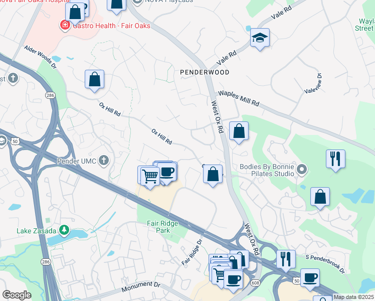 map of restaurants, bars, coffee shops, grocery stores, and more near 12227 Ox Hill Road in Fairfax