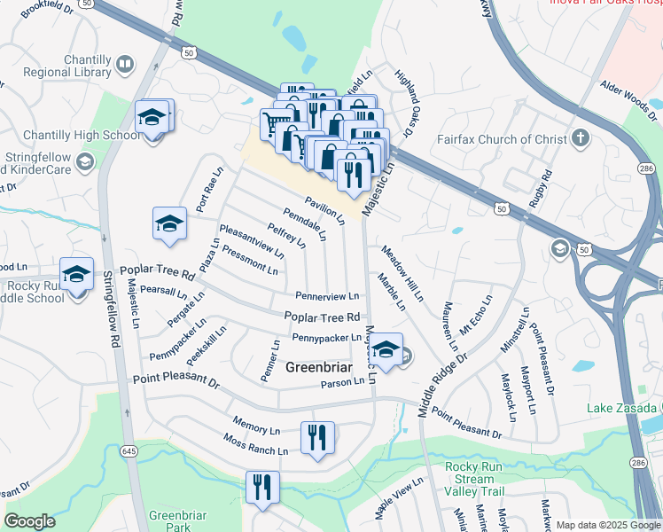 map of restaurants, bars, coffee shops, grocery stores, and more near 13108 Penndale Lane in Fairfax