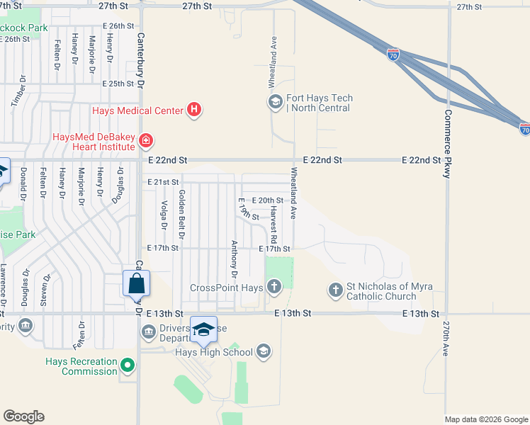 map of restaurants, bars, coffee shops, grocery stores, and more near 2511 East 19th Street in Hays
