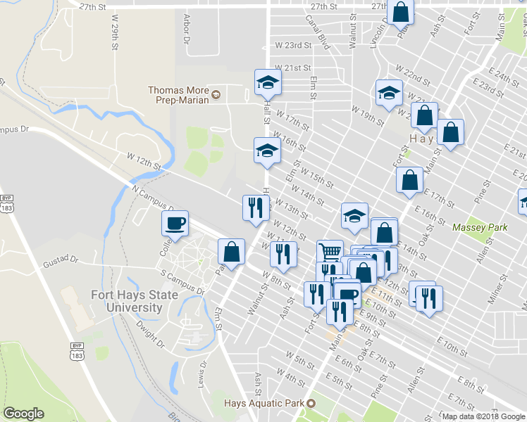 map of restaurants, bars, coffee shops, grocery stores, and more near 502 West 12th Street in Hays