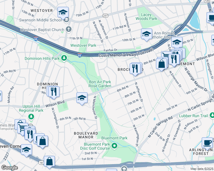 map of restaurants, bars, coffee shops, grocery stores, and more near 855 North Lexington Street in Arlington