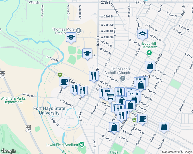 map of restaurants, bars, coffee shops, grocery stores, and more near 502 West 12th Street in Hays