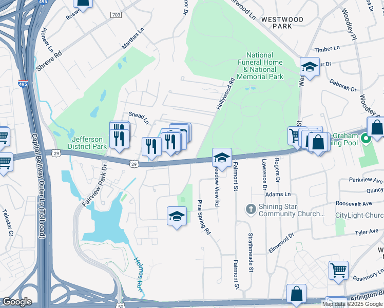 map of restaurants, bars, coffee shops, grocery stores, and more near 7600 Lee Highway in Falls Church