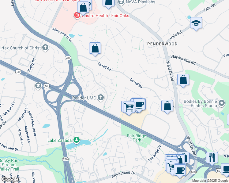 map of restaurants, bars, coffee shops, grocery stores, and more near 12512 Fanleaf Court in Fairfax