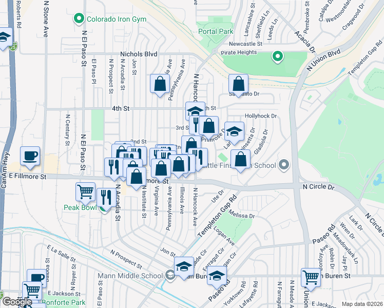 map of restaurants, bars, coffee shops, grocery stores, and more near 3022 North Hancock Avenue in Colorado Springs