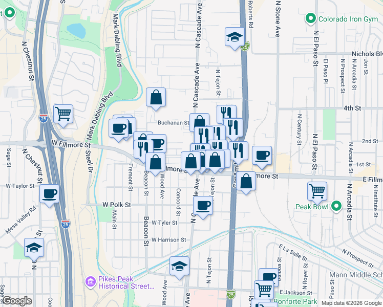 map of restaurants, bars, coffee shops, grocery stores, and more near 3000 North Cascade Avenue in Colorado Springs