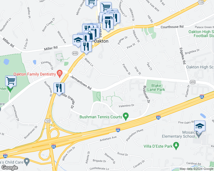 map of restaurants, bars, coffee shops, grocery stores, and more near 2983 Borge Street in Oakton