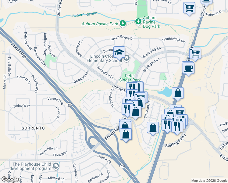 map of restaurants, bars, coffee shops, grocery stores, and more near 3070 Sierra View Circle in Lincoln