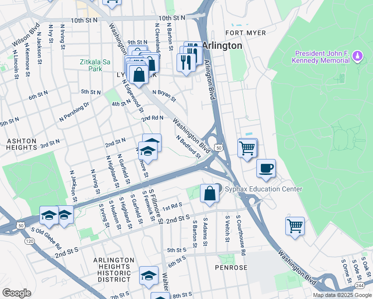map of restaurants, bars, coffee shops, grocery stores, and more near 52 North Bedford Street in Arlington