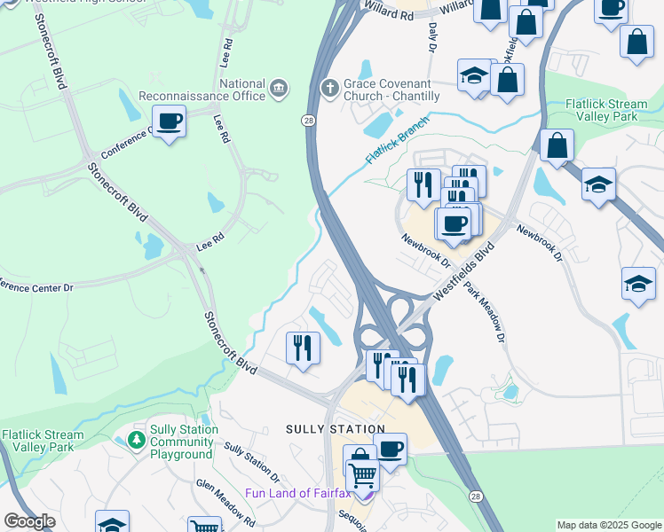 map of restaurants, bars, coffee shops, grocery stores, and more near 4808 Garden View Lane in Centreville