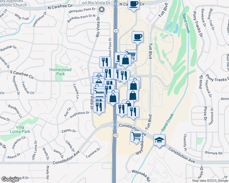 map of restaurants, bars, coffee shops, grocery stores, and more near 3110 North Powers Boulevard in Colorado Springs