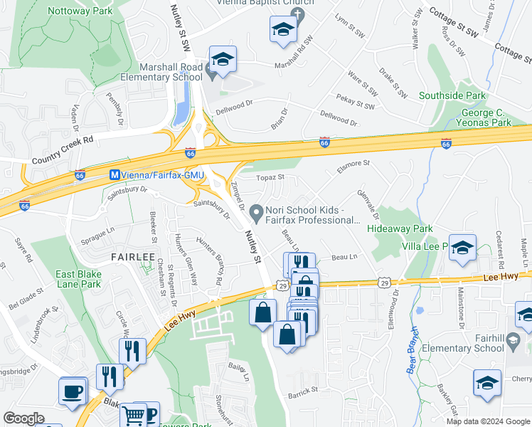 map of restaurants, bars, coffee shops, grocery stores, and more near 2905 Swanee Lane in Fairfax