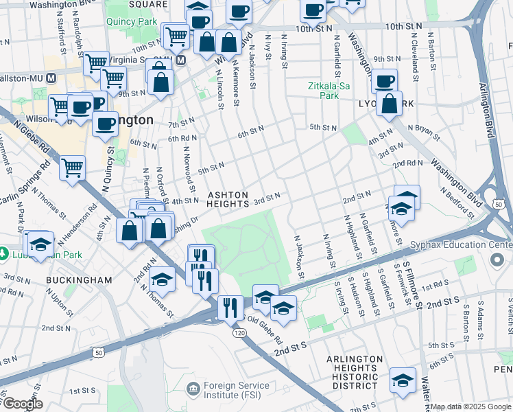 map of restaurants, bars, coffee shops, grocery stores, and more near 3412 3rd Street North in Arlington