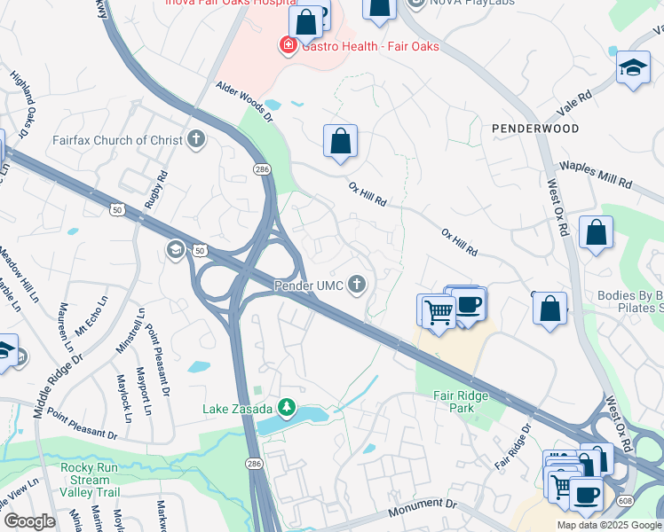 map of restaurants, bars, coffee shops, grocery stores, and more near 3946 Collis Oak Court in Fairfax