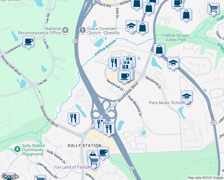 map of restaurants, bars, coffee shops, grocery stores, and more near 4768 Sully Point Lane in Chantilly
