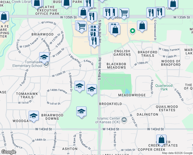 map of restaurants, bars, coffee shops, grocery stores, and more near 13914 South Kaw Street in Olathe