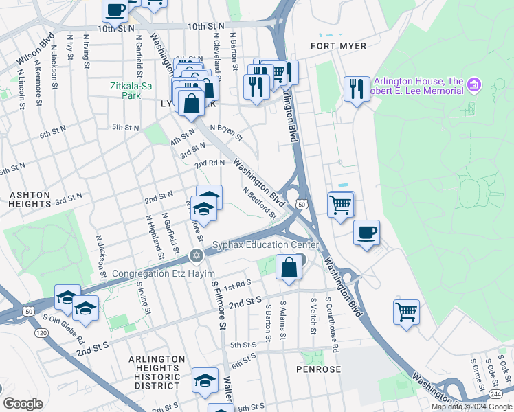map of restaurants, bars, coffee shops, grocery stores, and more near 52 North Bedford Street in Arlington