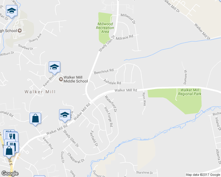 map of restaurants, bars, coffee shops, grocery stores, and more near 7406 Walker Mill Road in Capitol Heights