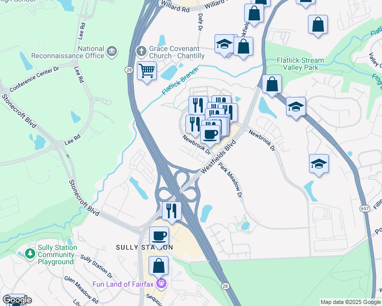 map of restaurants, bars, coffee shops, grocery stores, and more near 4768 Sully Point Lane in Chantilly