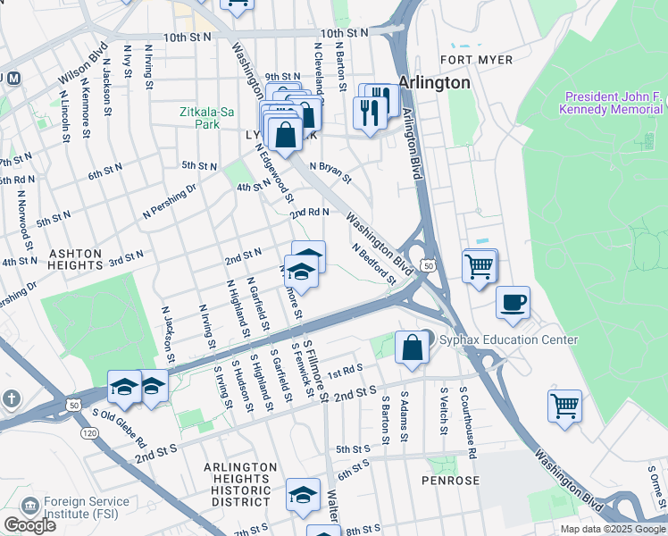 map of restaurants, bars, coffee shops, grocery stores, and more near 2510 1st Road North in Arlington